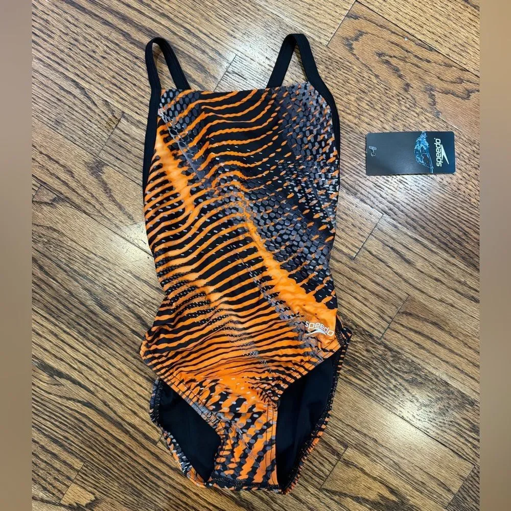 NWT New SPEEDO Coded Riff Flyback Racing Swimsuit Black Orange Print 24 Girl 8